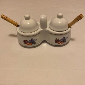 Houston Harvest Jelly/Jam/Relish Server With Lids and Spoons & Fruit Design